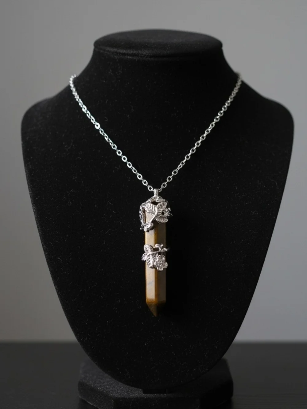 Tiger Eye Point Pendant Necklace with Silver Floral Accents